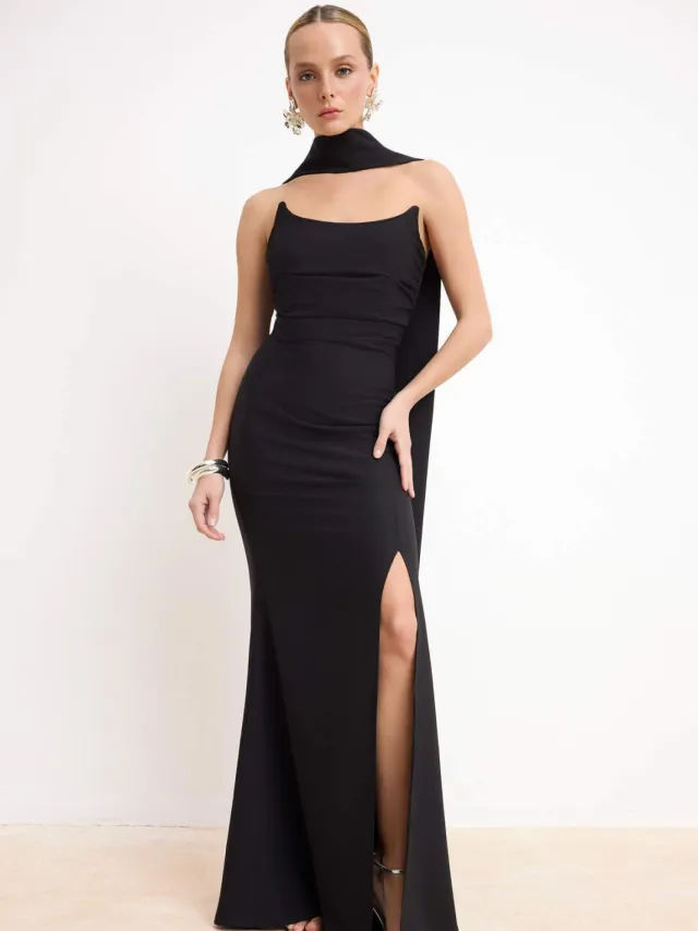 Trendyol TRENDYOLMİLLA Dames Zwart Effen Maxi Mouwloos Diploma-uitreiking / Gala A-lijn Avond & Gala Jurk