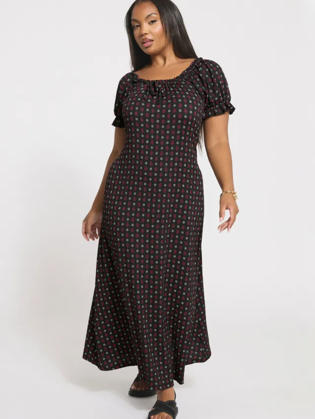 Yours Zwarte Ditsy Textuur Melkmeisjesjurk Black