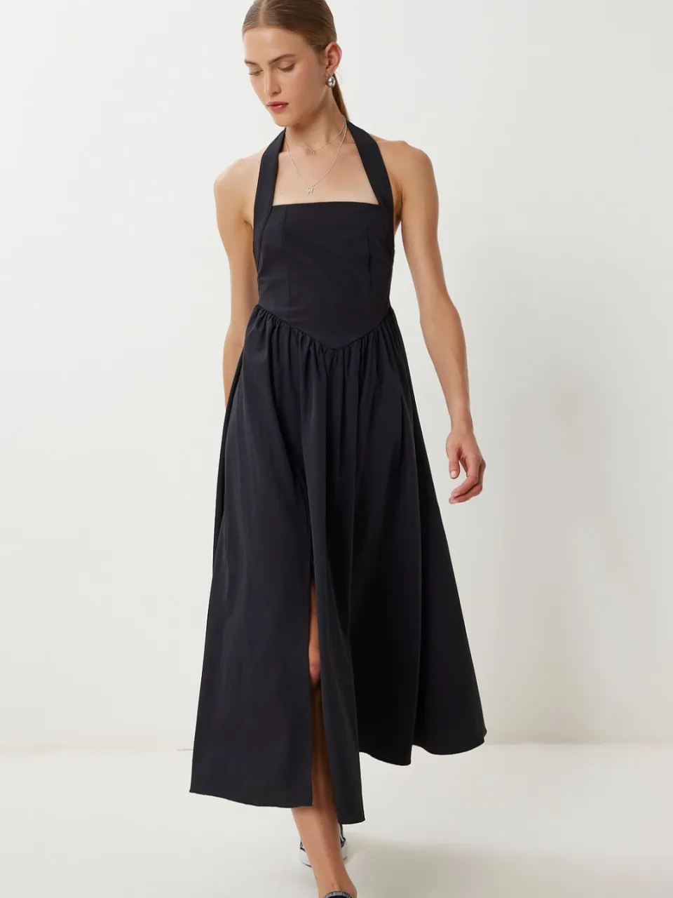 Happiness Istanbul Slim Fit Midi-jurk met Vierkante Kraag zwart, foto 2