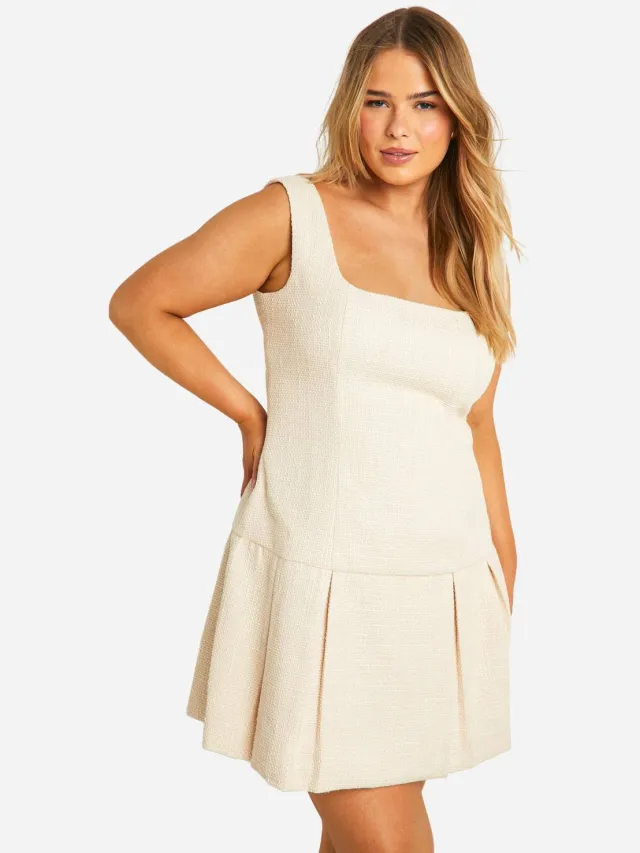 boohoo Dames Plus Boucle Mini Shiftjurk met Geplooide Zoom Steen