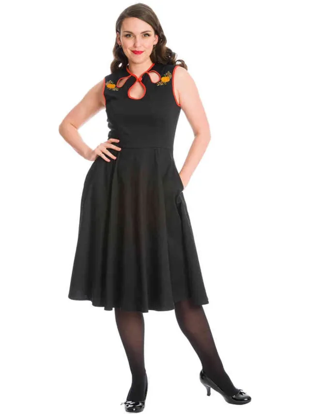 Banned PUMPKIN SPICE & ALL THINGS NICE PUMPKIN Flare jurk - M - Zwart