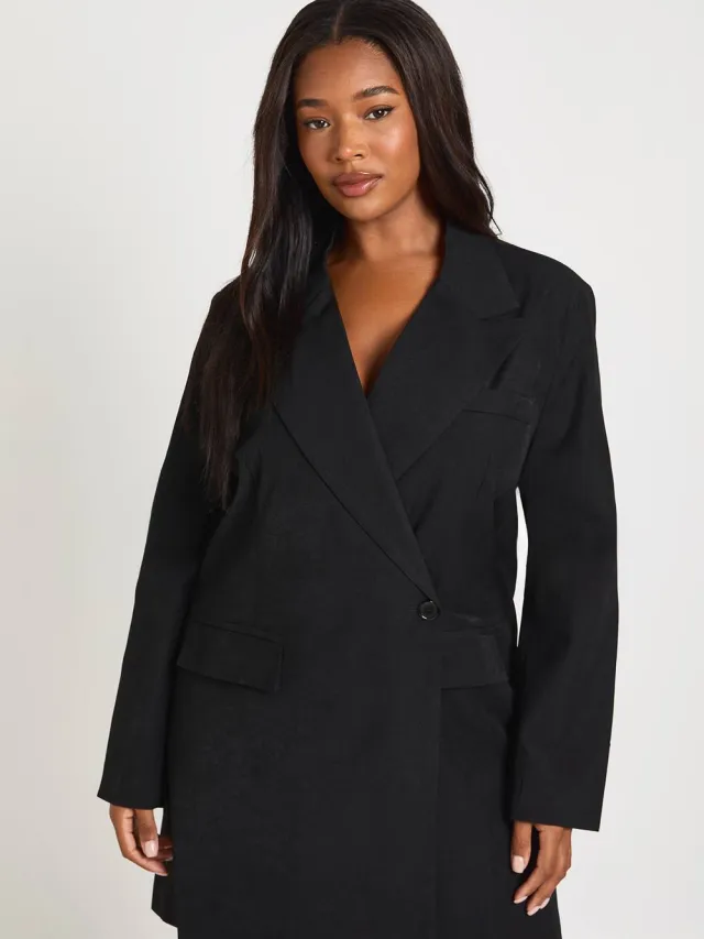 boohoo Dames Plus Wrap Hoorn Knoop Oversized Blazer Jurk Zwart