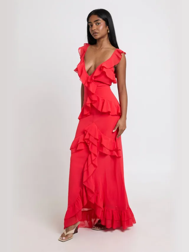 boohoo Dames Chiffon Gelaagde Ruches Maxi Jurk Rood