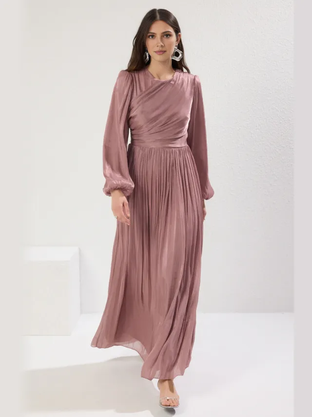 Trendyol Modest Dames Roze Effen Maxi Lang Stijlvol/Avond Skater Modest Avond Jurken