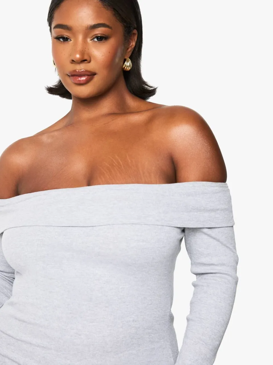 boohoo Dames Plus Basic Geribbelde Bardot Maxi Jurk grijze mergel, foto 4