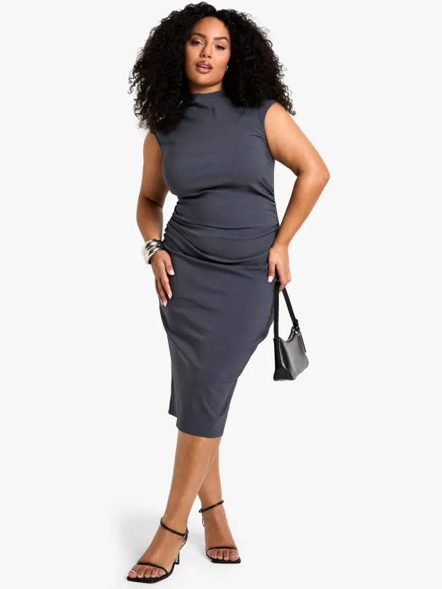 boohoo Dames Plus Bengaline Gerafelde Hoge Hals Midi Jurk Houtskool