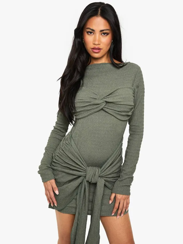 boohoo Dames Getextureerde Wrap Knoop Detail Mini Jurk Kaki