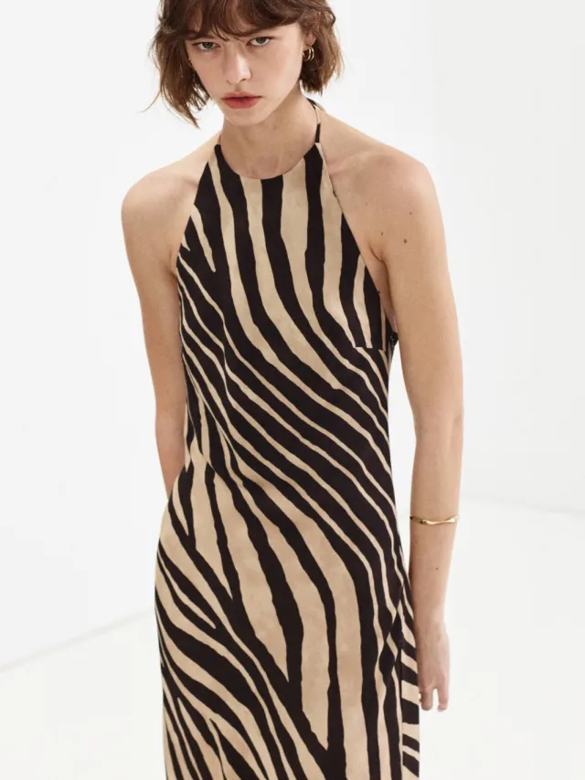 Mango halterjurk met zebraprint en open rug zwart/beige, foto 2
