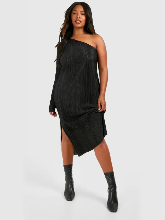 boohoo Dames Plus Plisse Off Shoulder Split Midi Jurk Zwart