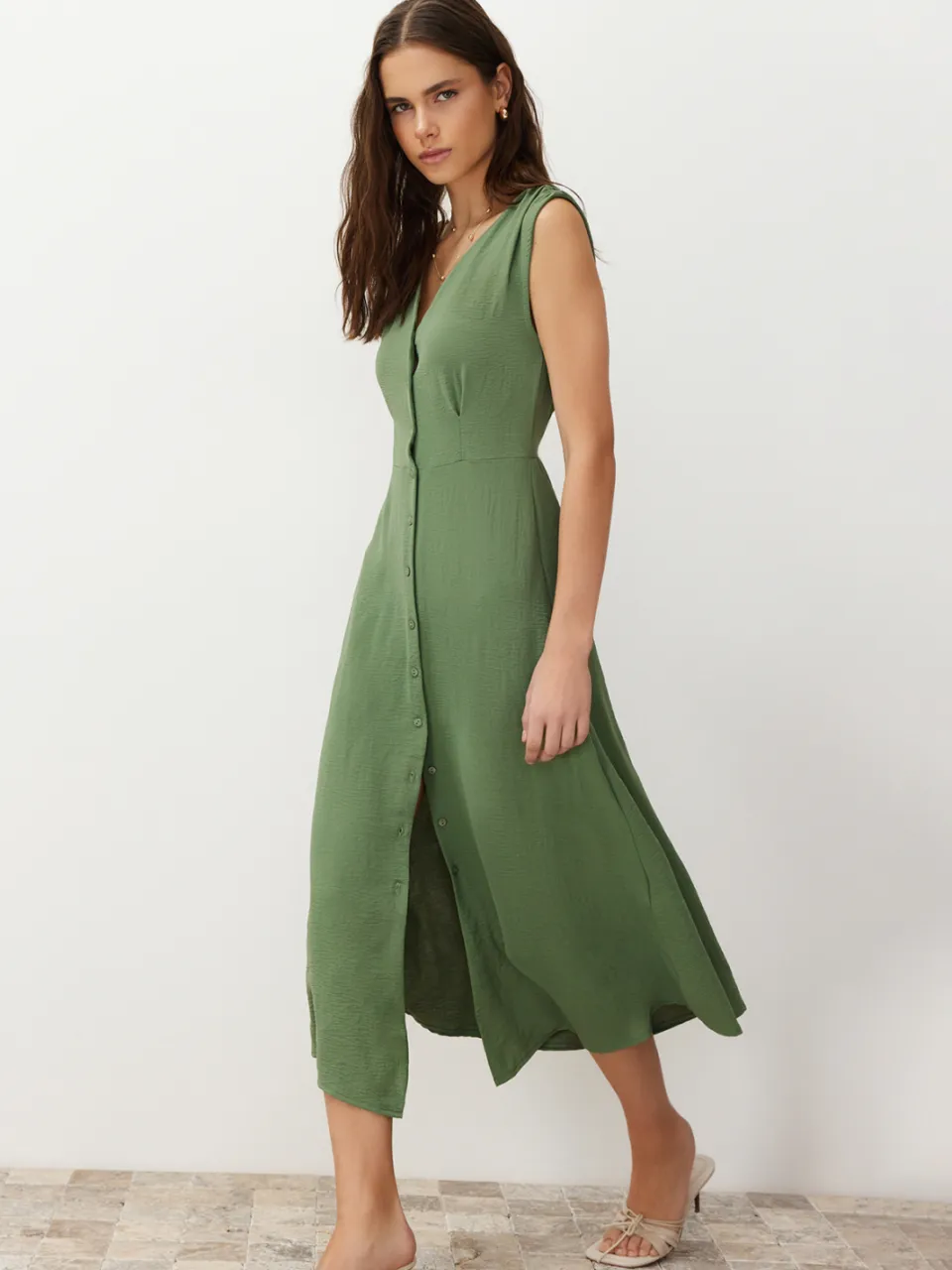 Trendyol TRENDYOLMİLLA Dames Kaki Effen Maxi Mouwloos Casual Blousejurk Jurken, foto 2