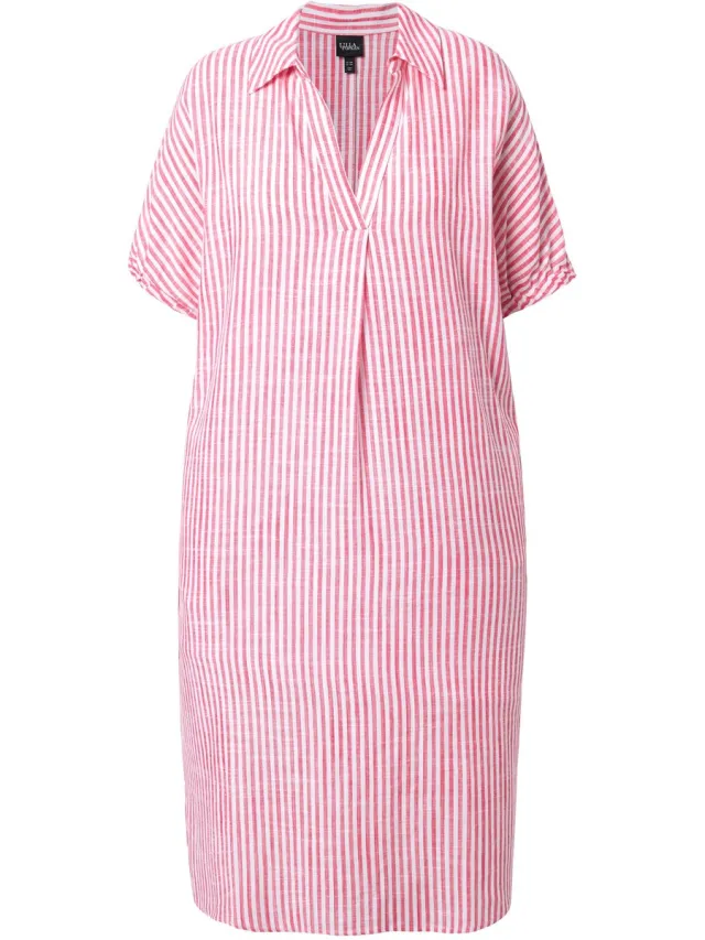 Ulla Popken Dames - Jurk van linnenmix strepen oversized overhemdkraag - Lichtfuchsia - Maat 50+