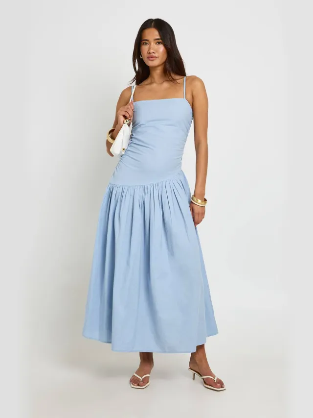 boohoo Dames Linnen Skater Midi-jurk Met Gerimpeld Lijfje En Verlaagde Zoom Babyblauw