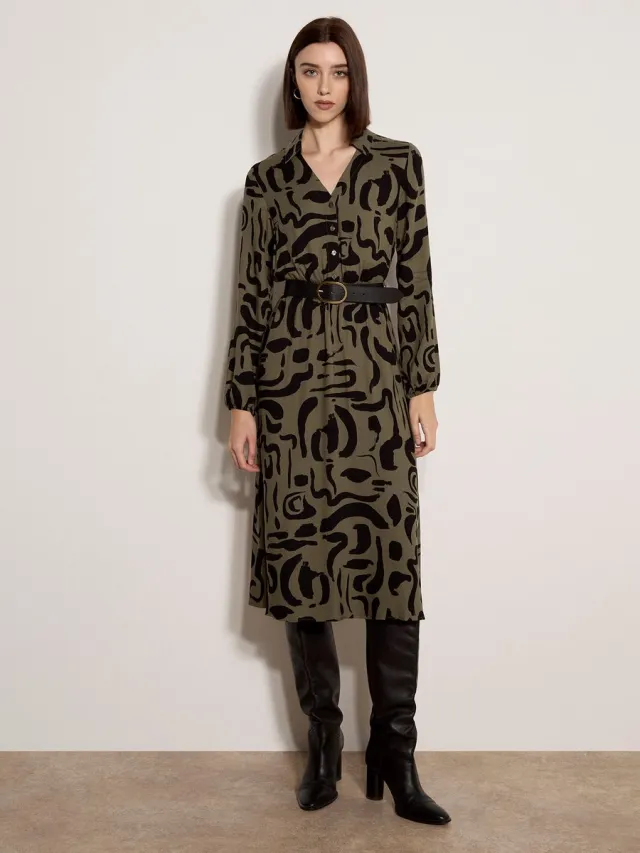 Apricot Midi-jurk met abstracte penseelstreken Kaki