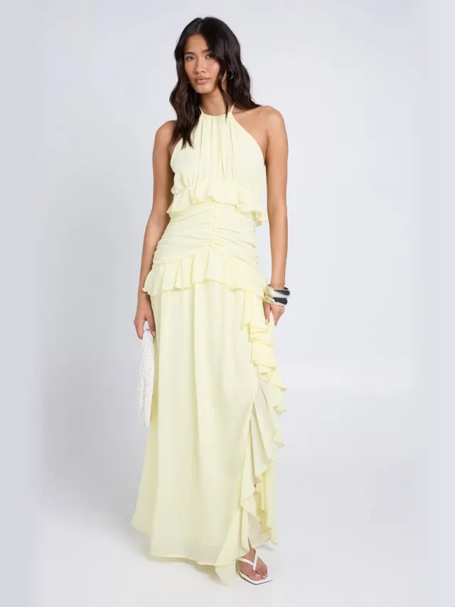 boohoo Dames Halternek Chiffon Maxi Jurk Met Ruches Detail Citroen