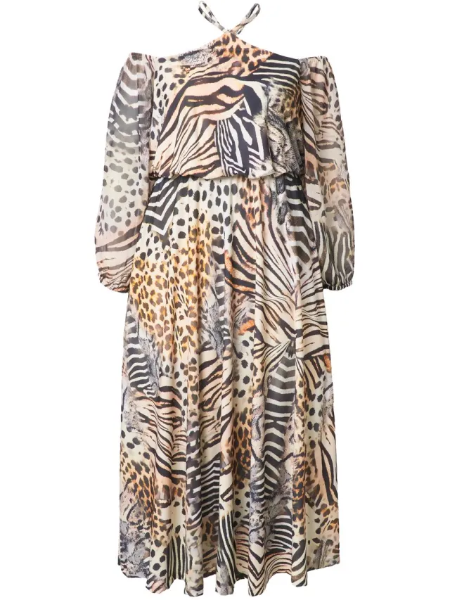 Ulla Popken Dames - Offshoulder maxi-jurk chiffon dierenpatchprint - Donker kiezel
