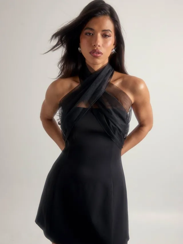 boohoo Dames Tulle Halternek mini-jurk Zwart