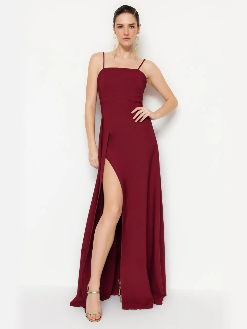 Trendyol TRENDYOLMİLLA Dames Paars Effen Maxi Mouwloos Diploma-uitreiking / Gala A-lijn Avond & Gala Jurk Rood