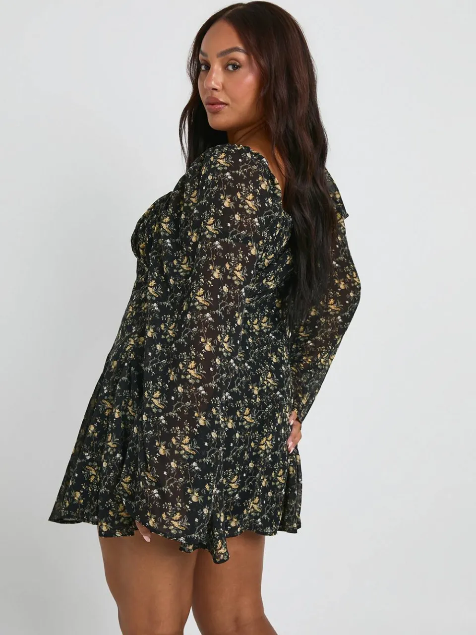 boohoo Dames Plus Floral Chiffon Godet Skater zwart, foto 2
