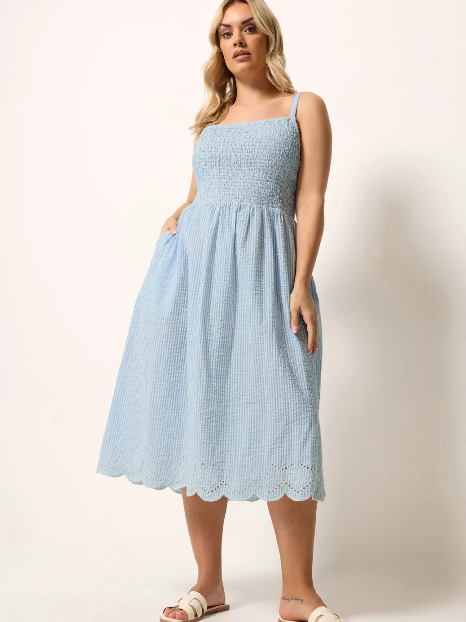 Yours Blauwe Gestreepte Jurk Met Smokwerk-56 Blue
