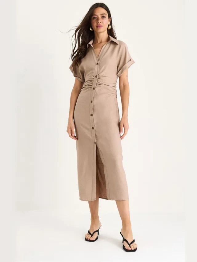 Bianco Lucci V-hals Midi-jurk met knoopsluiting Beige