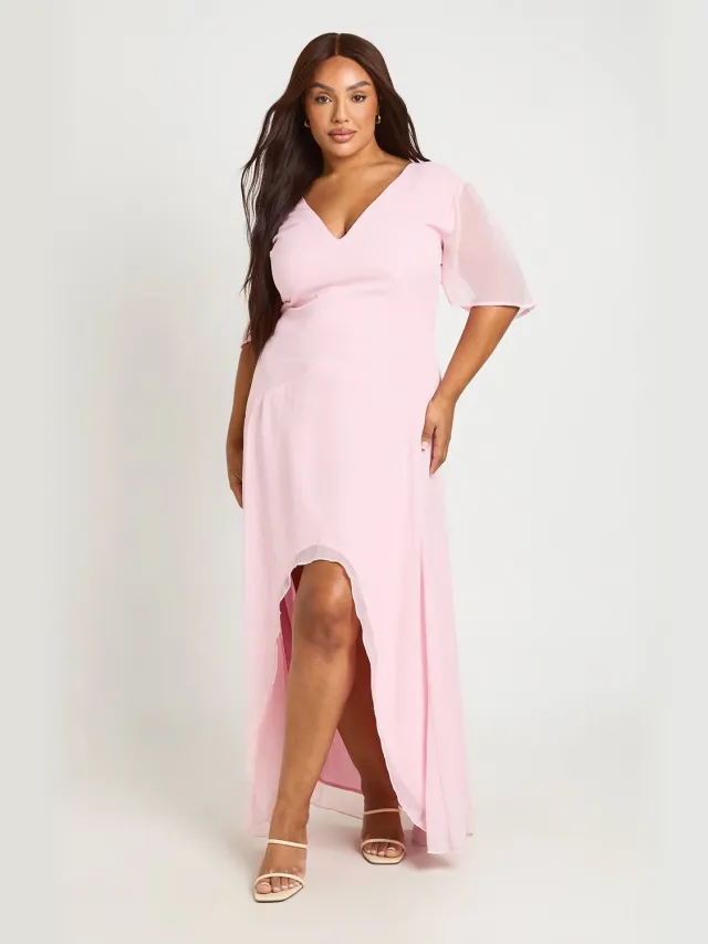 boohoo Dames Plus Chiffon Maxi Jurk Met Diepe Halslijn Baby Roze