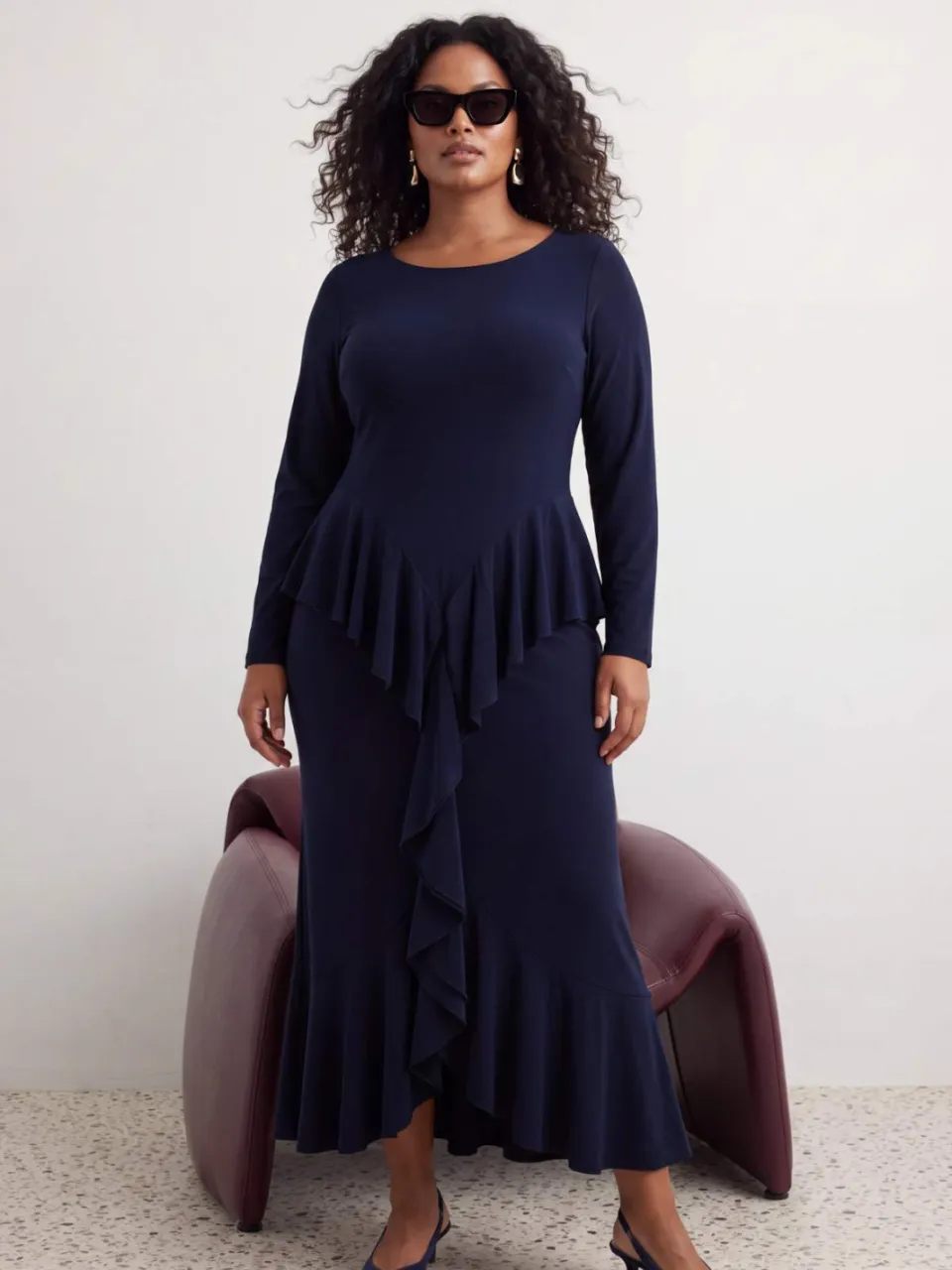 Trendyol Curve Dames Donkerblauw Effen Maxi Lang Bodycon Grote maten Jurk Marineblauw/Blauw