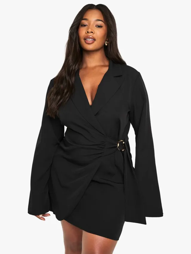 boohoo Dames Plus Gesp Detail Strik Taille Op Maat Gemaakte Blazerjurk Zwart
