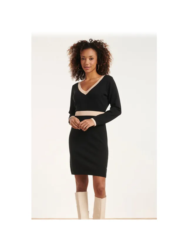 Smashed Lemon 24632 beige bicolor gebreide jurk met v-hals Zwart