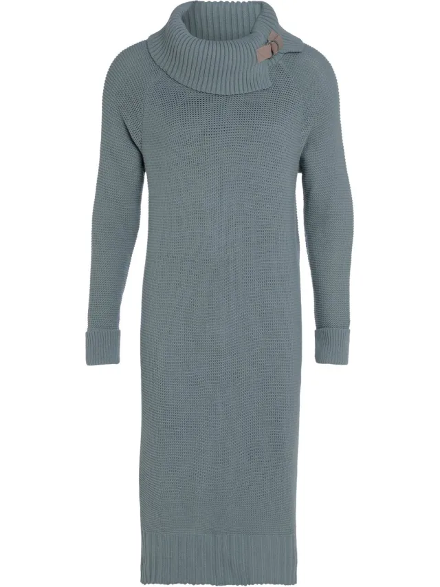 Knit Factory Jamie Gebreide Dames Jurk - Trui jurk dames - Wollen jurk - Herfst- & winterjurk - Wijde jurk - Met warme opstaande kraag - Stone Green - 36/38 - Knielengte