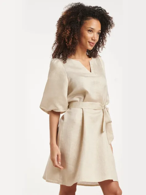 Smashed Lemon Jurk met metallic glans en tailleceintuur beige, foto 2