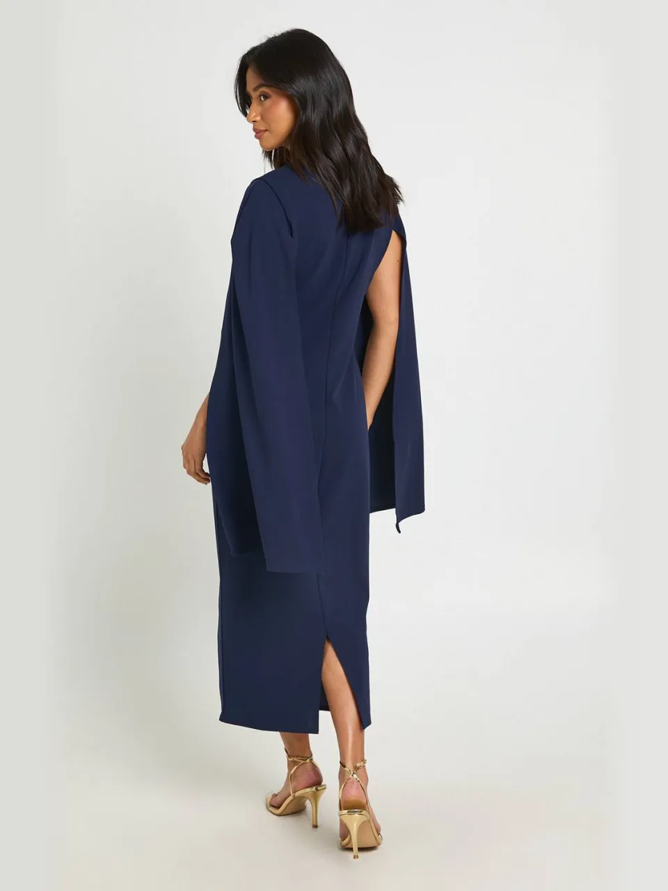 boohoo Dames Petite Midi Bodycon Jurk Met Cape Mouwen marineblauw, foto 2