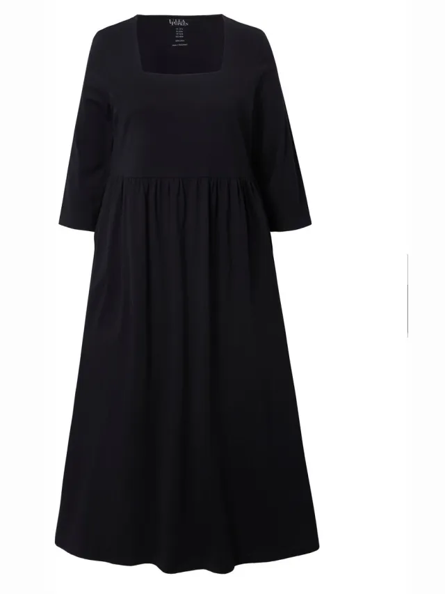 Ulla Popken Dames - Jersey jurk A-lijn carréhals 3/4-mouw - Zwart - Maat 58+