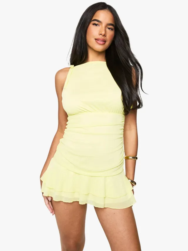 boohoo Dames Mini-jurk met vierkante halslijn en geruched mesh Citroen