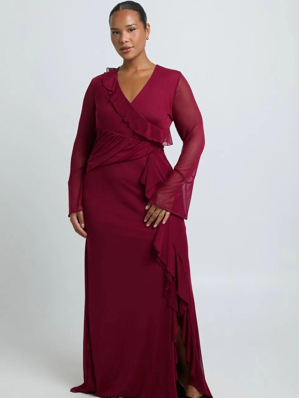 boohoo Dames Plus Ruffle Wrap Detail Maxi Jurk Kersen