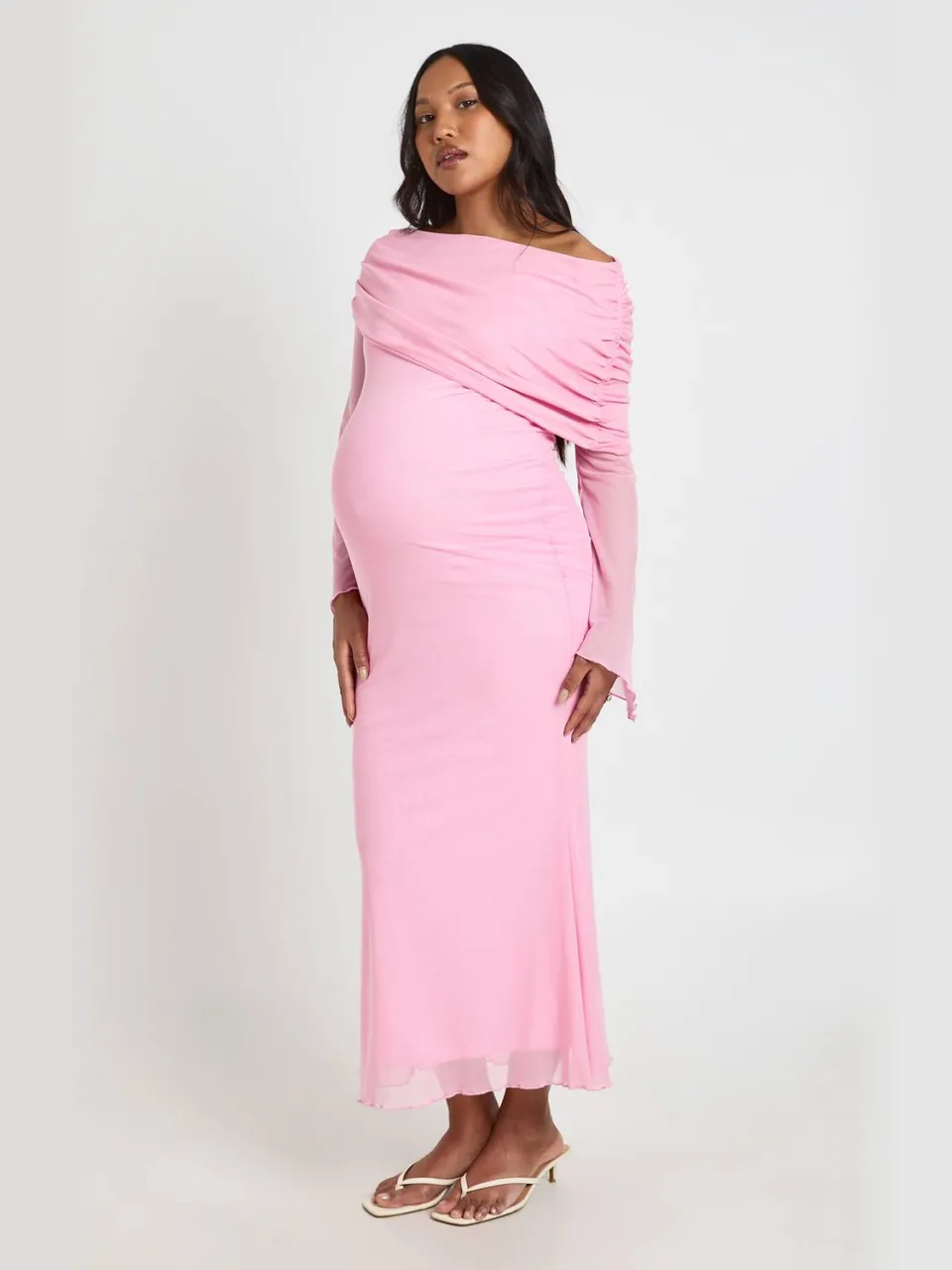 boohoo Dames Zwangerschaps Mesh Bardot Maxi Jurk baby roze, foto 3