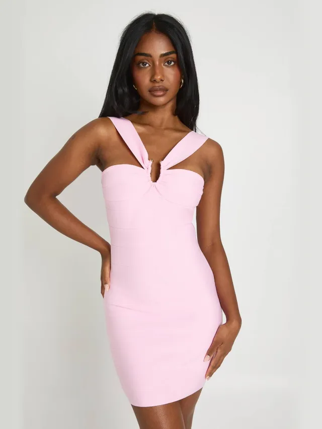boohoo Dames Premium Bandage Plunge Front Mini Jurk Pastelroze