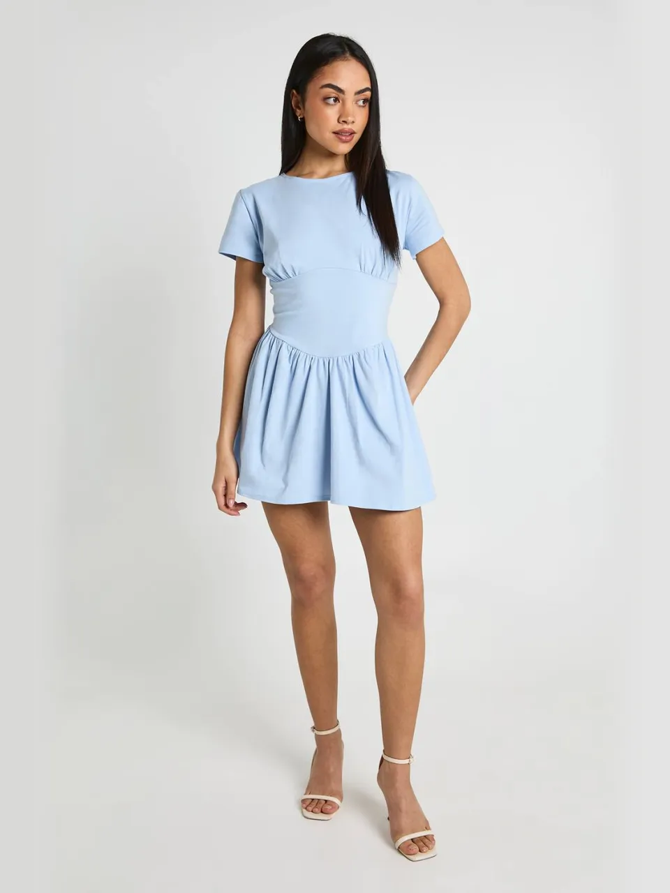 boohoo Dames Katoenen Skater Jurk Met Getailleerde Taille En Korte Mouwen babyblauw, foto 3