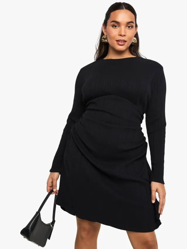 boohoo Dames Plus katoen rib ruched mini-jurk zwart, foto 2