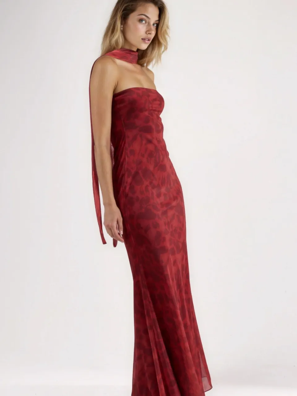 Hiccup Strapless Bloemen Bodycon Maxi Jurk rood, foto 2