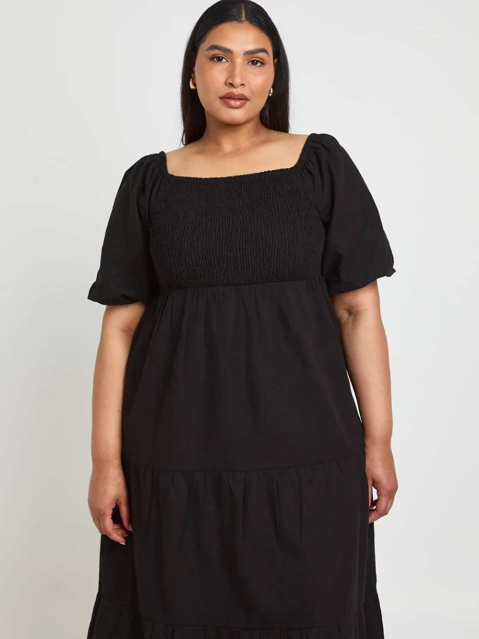 boohoo Dames Plus Linnen-look Jurk Met Volumemouwen En Gelaagde Midaxi Rok zwart, foto 2
