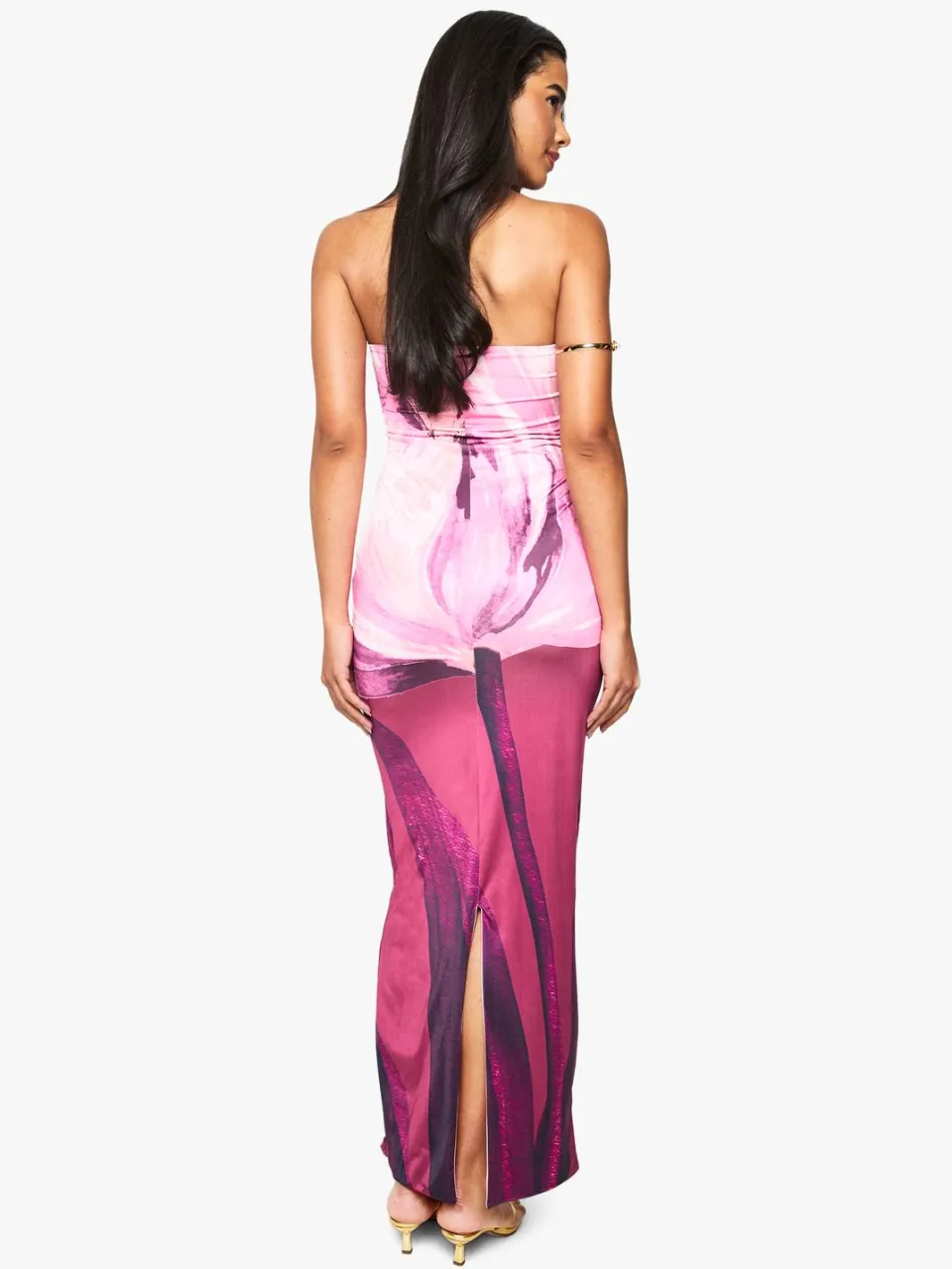 boohoo Dames Bandeau Floral Printed Slinky Maxi Jurk bordeaux rood, foto 2