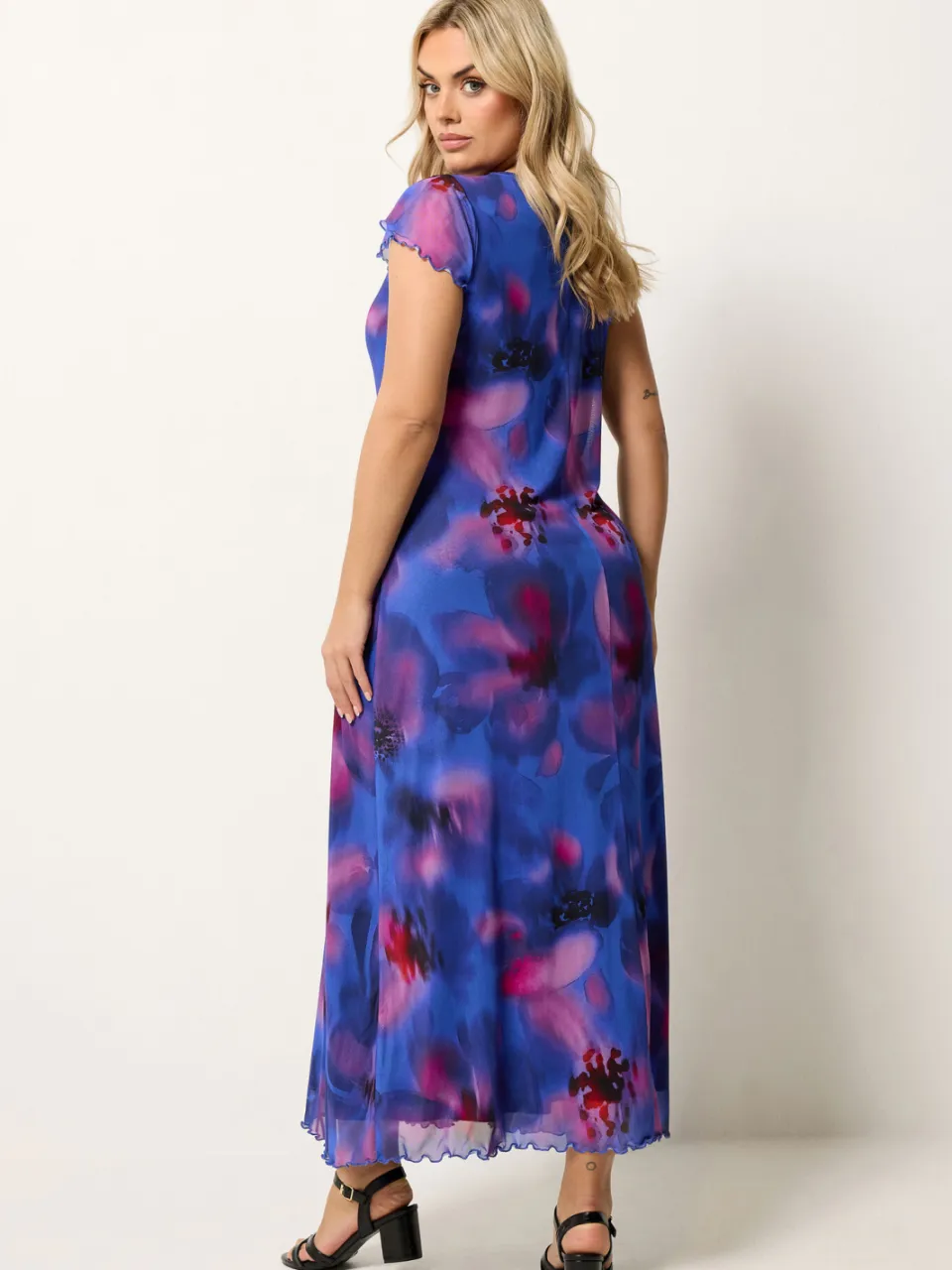 Yours Kobaltblauwe Mesh Maxijurk Met Bloemenprint, foto 3