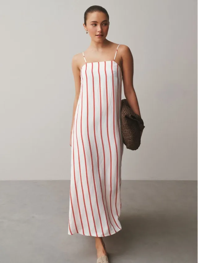 Next Dames - Midi-jurk met vierkante halslijn en veel linnen - Wit Red/White Stripe