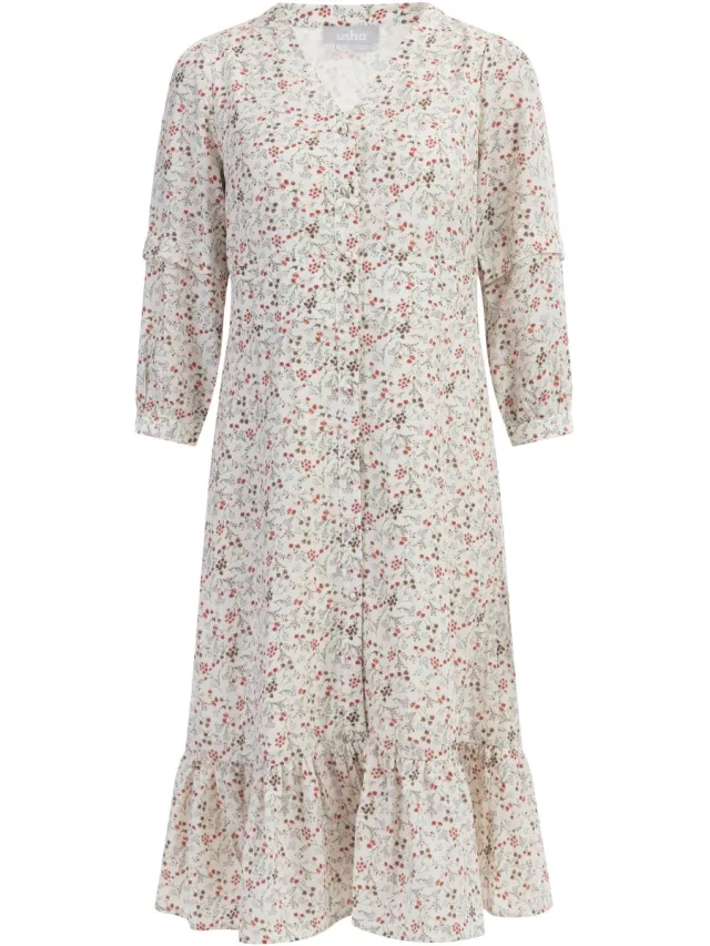Usha Midi-jurk met bloemenprint Wol Wit Veelkleurig