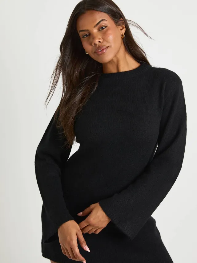 boohoo Dames Gebreide mini-jurk met ronde hals en wijde mouwen Zwart