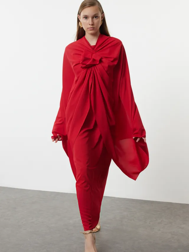 Trendyol Modest Dames Rood Effen Maxi Lang Stijlvol/Avond Recht Modest Avond Jurken