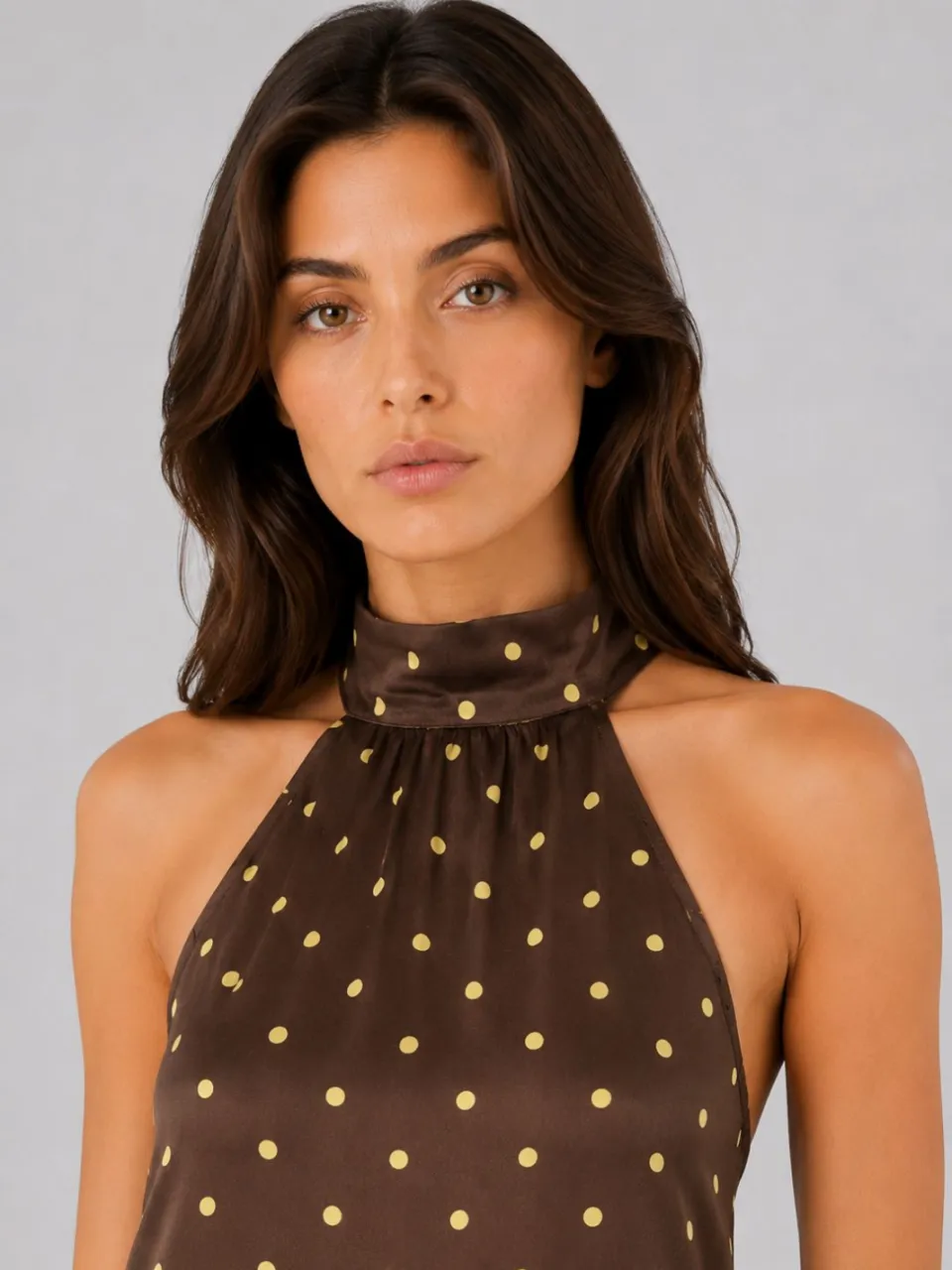 Mixray Polkadot Halter Maxi Jurk bruin, foto 2