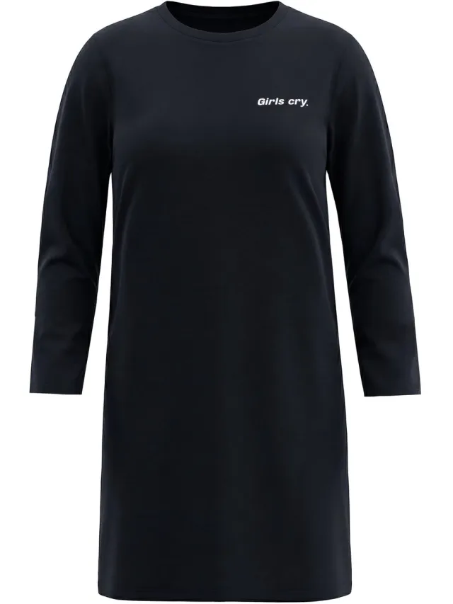 Studio Untold Dames - Jersey jurk A-lijn midi-lengte boogprint lange mouwen - Zwart - Maat 46+