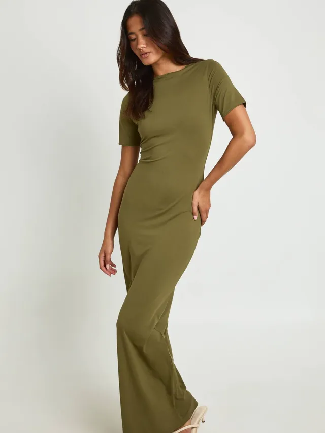 boohoo Dames Basis Superzachte Korte Mouw Maxi Jurk Kaki