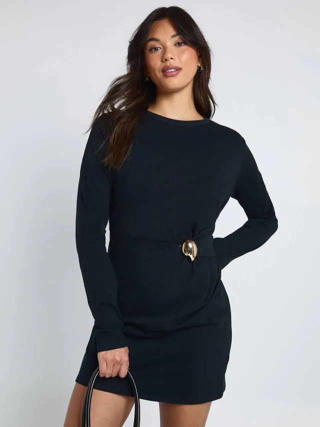 boohoo Dames T-shirt jurk met lange mouwen en trimdetail Zwart